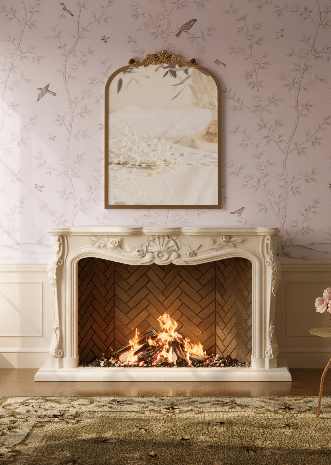 Fleurair mirror mounted over fireplace