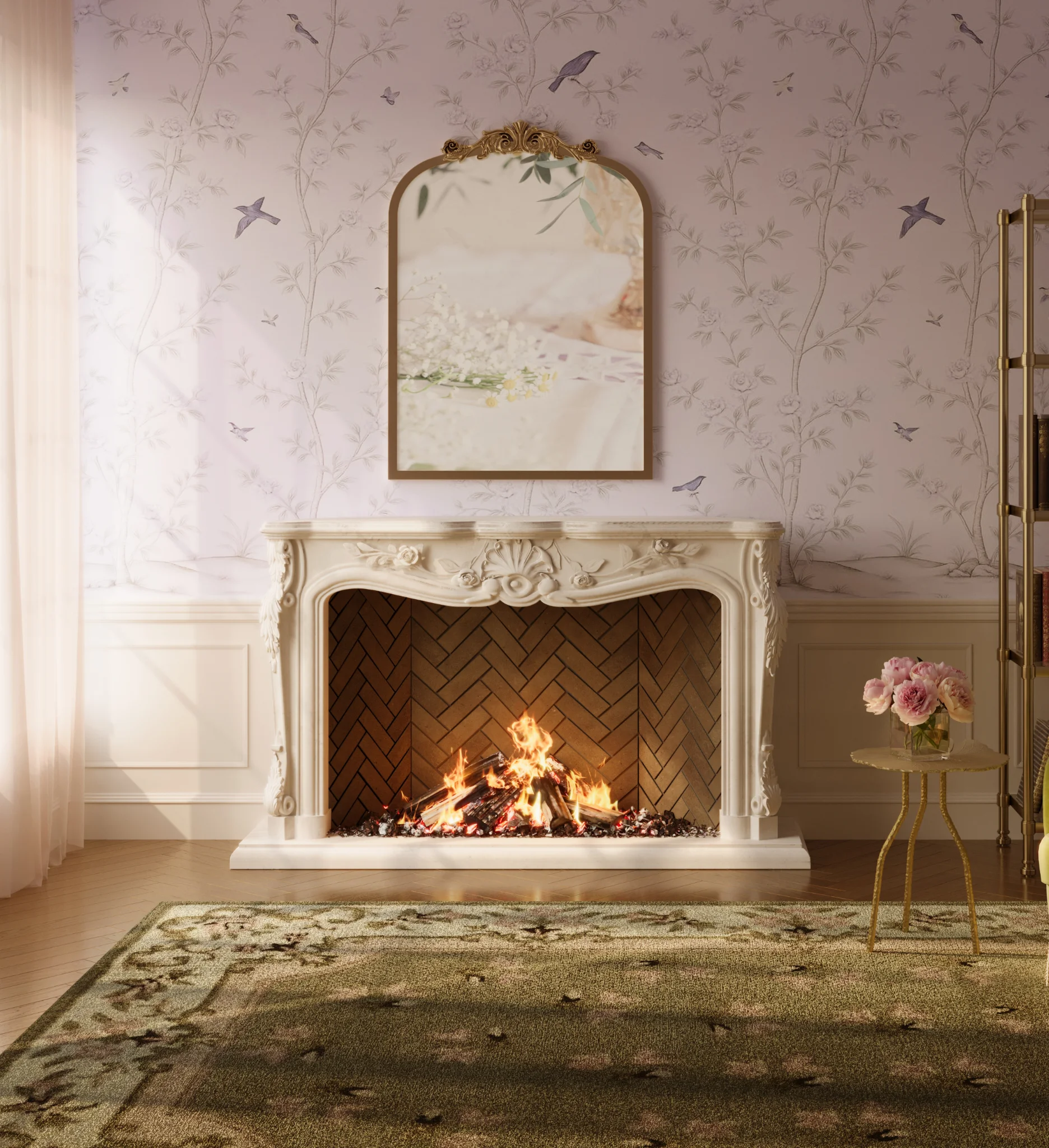 Fleurair smart mirror by Floriss mounted above an ornate fireplace in a warm, garden-inspired interior, blending elegant design with a neuro-affirming, sensory-friendly experience
