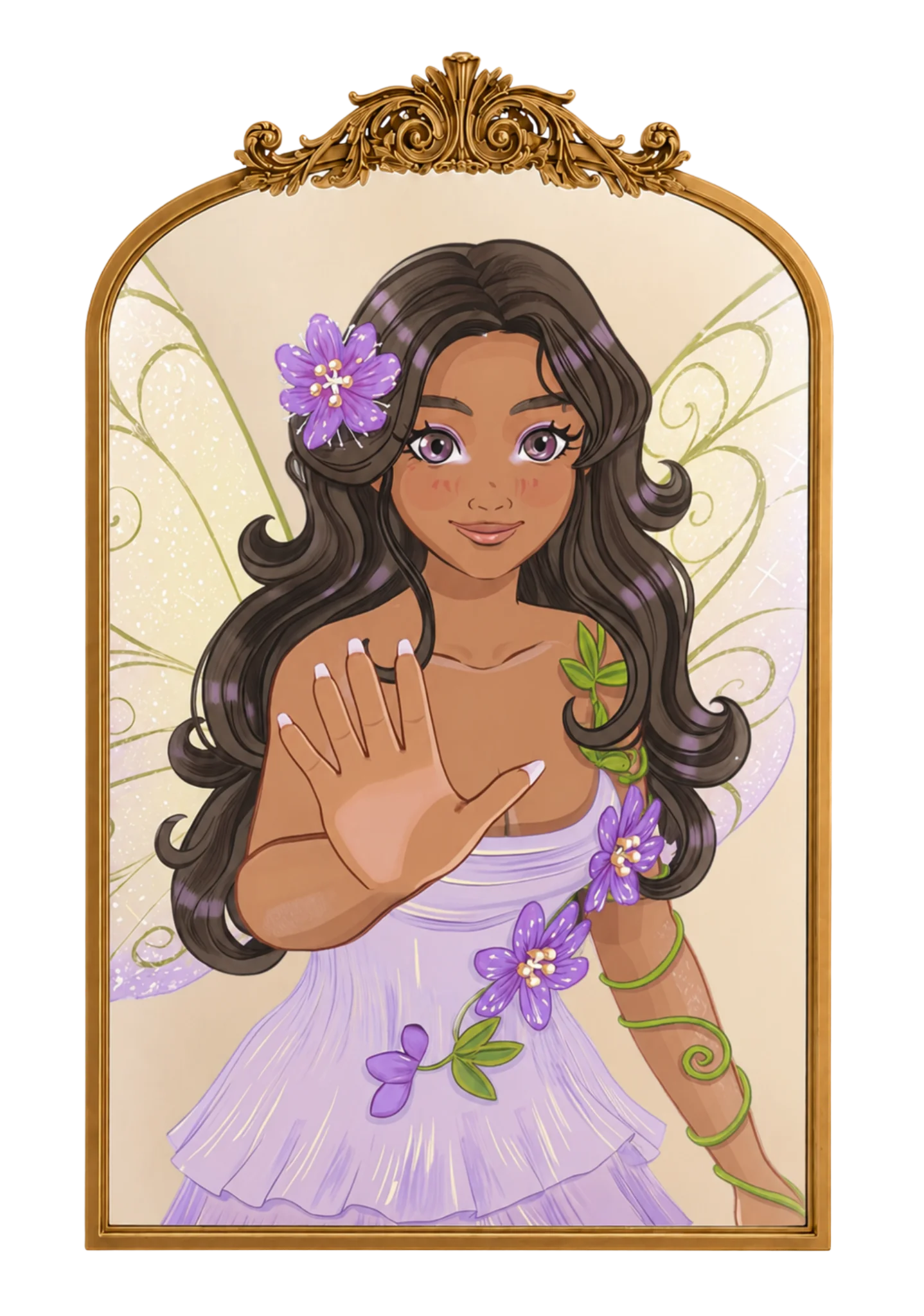 "Fleurair," a smart mirror with an ornate gold frame, displays an animated Floriss Fairy with soft haptic nudge cues, delicate floral accents, and gentle motion indicators against a warm, luminous background.