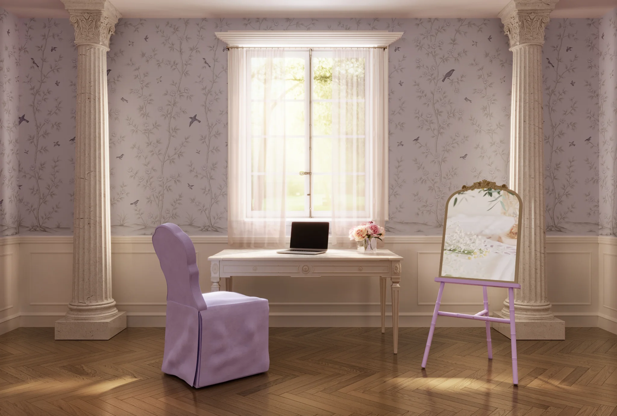 Fleurair mirror on easel stand in a lavender study