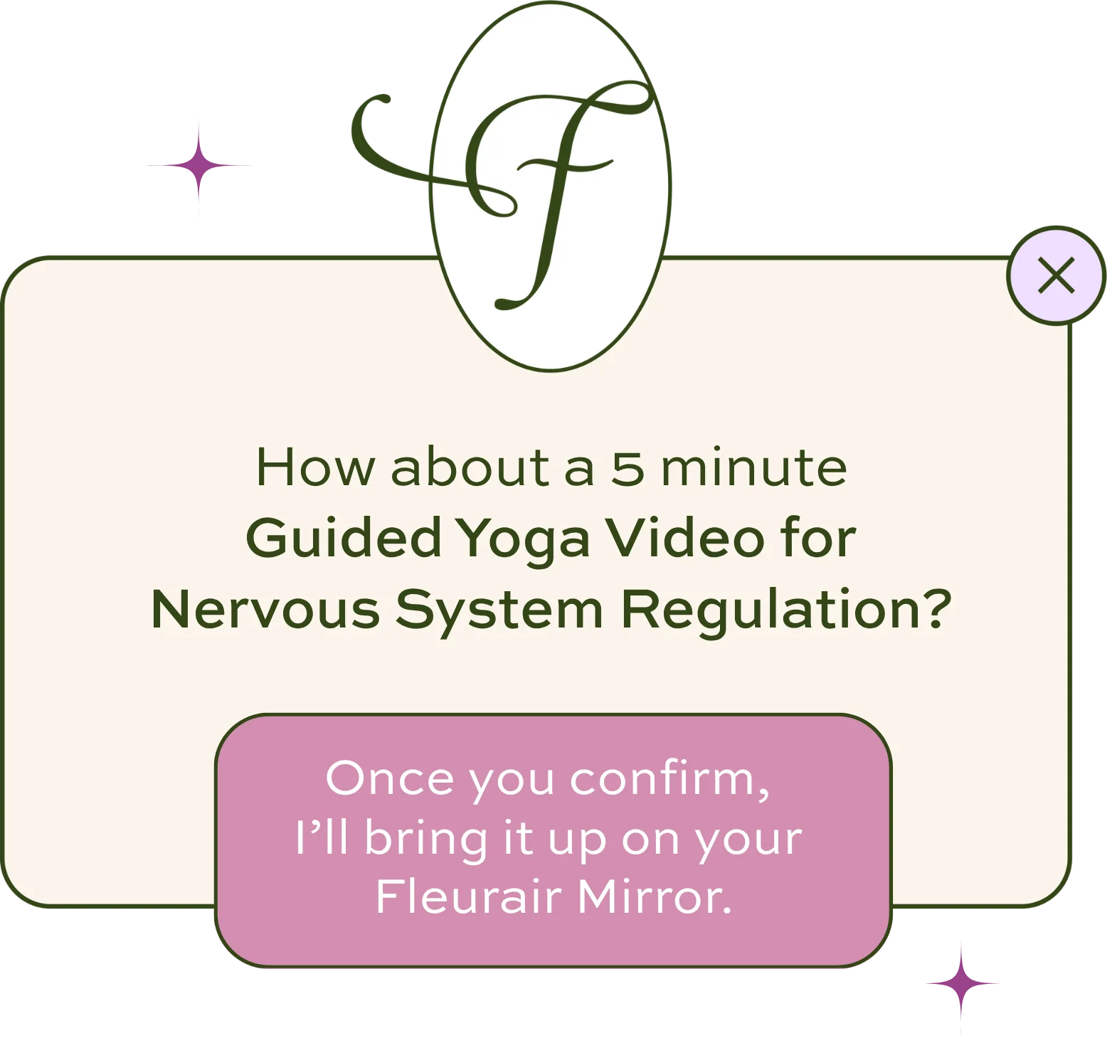 Fleurair Flora co-regulation companion suggesting a 5-minute guided yoga video for nervous system regulation, displayed as an interactive card on the Fleurair Mirror