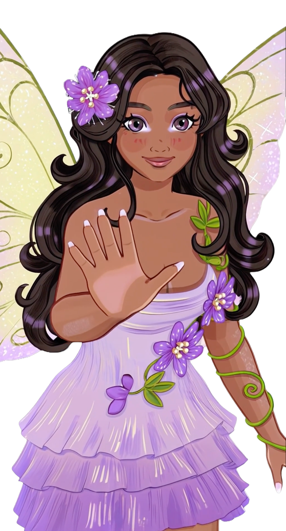 Illustrated animated still of Passionflower, Fleurair's whimsical companion fairy designed for gentle emotional support and soft executive function reminders. The fairy has shimmering pastel wings, flowing dark hair adorned with purple passionflowers, and layered lavender clothing with vine-like accents. She raises one hand in a calm, welcoming gesture, conveying warmth, encouragement, and emotional safety for users who become deeply immersed in tasks and forget basic needs like food, hydration, or rest. Fantasy-inspired character artwork with soft purple, green, and cream tones.