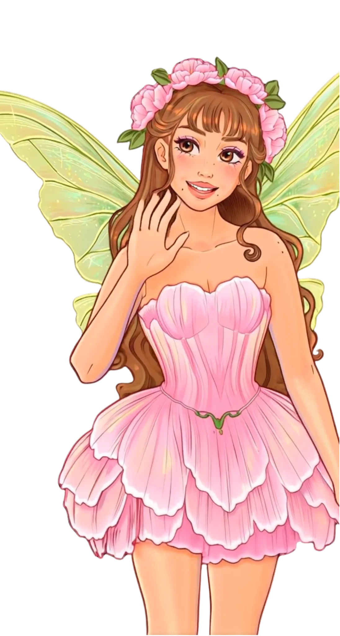 Illustrated animated still of Peony, Fleurair's gentle companion fairy designed for emotional reassurance and neuro-affirming executive function support. Peony has flowing auburn hair, translucent pastel-green wings, a crown of pink peonies, and a layered pink petal-inspired dress. She raises one hand in a soft welcoming gesture, conveying patience, warmth, and encouragement for users who struggle with hesitation, overthinking, or waiting for the 'perfect' moment to begin. Fantasy-inspired character artwork with calming pink, green, and cream tones designed to feel nurturing, safe, and emotionally supportive.