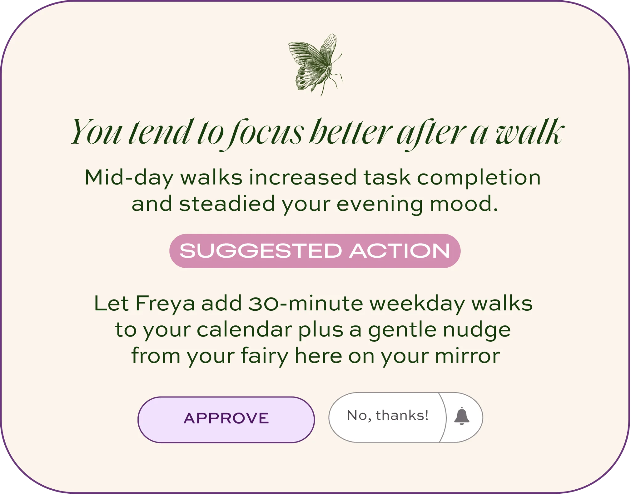 Fleurair WellNotes feature displaying a personalized wellness recommendation on the smart mirror, suggesting weekday walks based on the user's focus and mood patterns